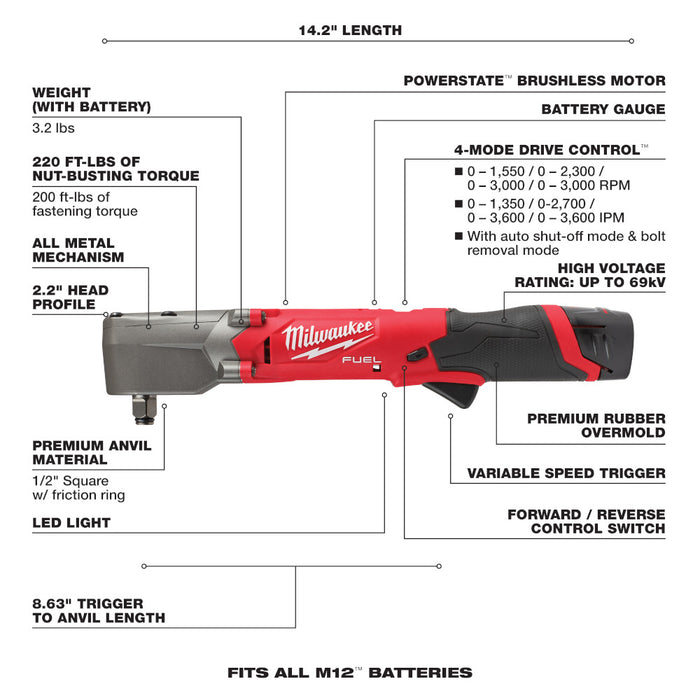 Milwaukee M12 FUEL 1/2" Right Angle Impact Wrench Kit