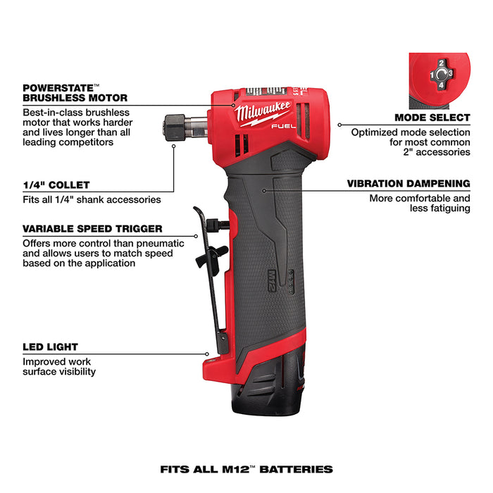 Milwaukee M12 FUEL™ 1/4" Right Angle Die Grinder 2-Battery Kit