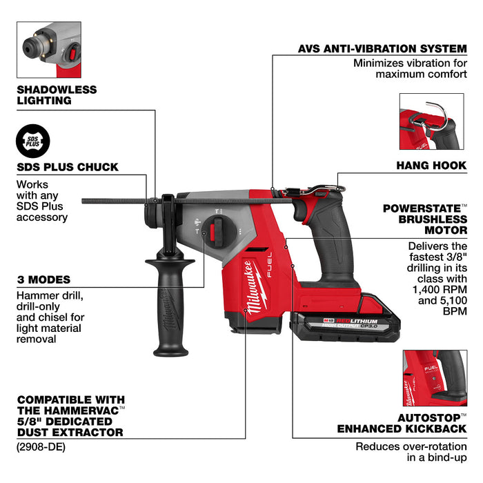 Milwaukee M18 FUEL 5/8" SDS+ Rotary Hammer w/ Dust Extractor Kit