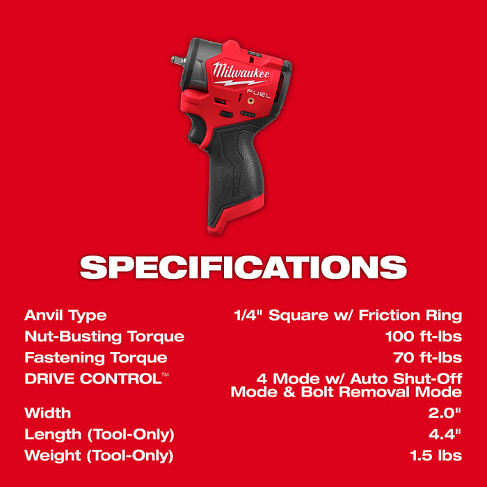 Milwaukee M12 FUEL 1/4" Subcompact Impact Wrench w/ Friction Ring - Tool Only