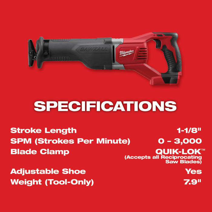 Milwaukee M18 Cordless SAWZALL Reciprocating Saw - Tool Only