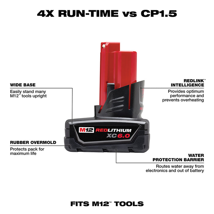 Milwaukee M12 REDLITHIUM XC 6.0Ah Extended Capacity Battery