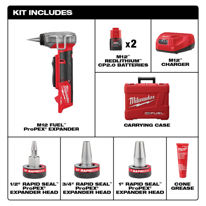 Milwaukee M12 FUEL Cordless ProPEX Expander Kit w/ 1/2"-1" RAPID SEAL  ProPEX Expander Heads