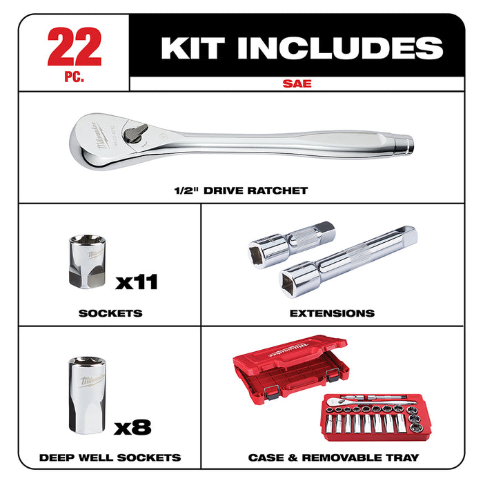 Milwaukee 22PC 1/2" Drive Socket Wrench Set - SAE