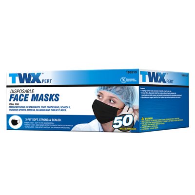 50PK Black 3-Ply Disposable Face Masks