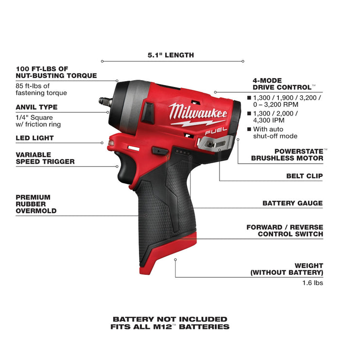 Milwaukee M12 FUEL Cordless Stubby 1/4" Impact Wrench  - Tool Only