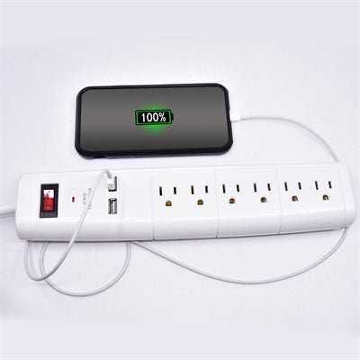 6ft 6-Outlet Surge Protector Power Bar w/ 2 USB Charging Ports