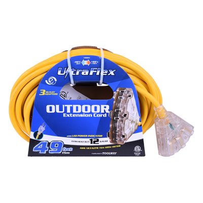 Outdoor SJTW 12/3 Extension Cord Lighted 3-Tap Yellow