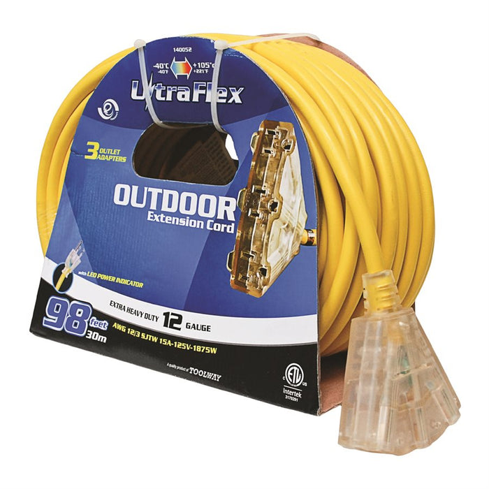 Outdoor SJTW 12/3 Extension Cord Lighted 3-Tap Yellow