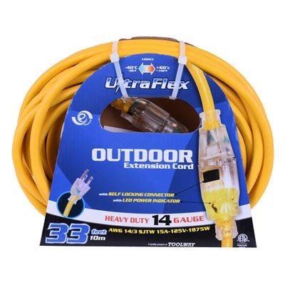 Outdoor SJTW Extension Cord Lighted Single Tap Yellow