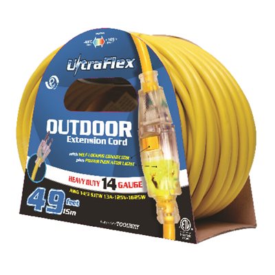 Outdoor SJTW Extension Cord Lighted Single Tap Yellow