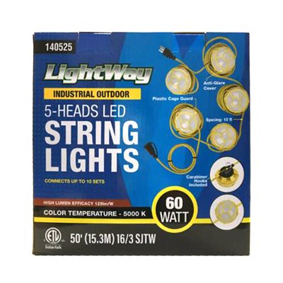 Industrial 60W LED String Work Light Set 5-Head SJTW 16/3 - 50ft