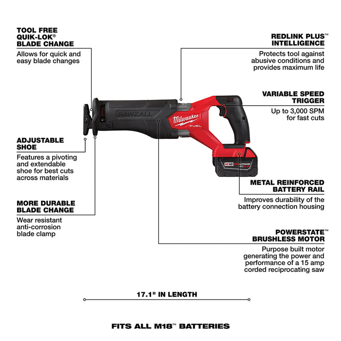 Milwaukee M18 FUEL Cordless SAWZALL Reciprocating Saw 2 Battery Kit