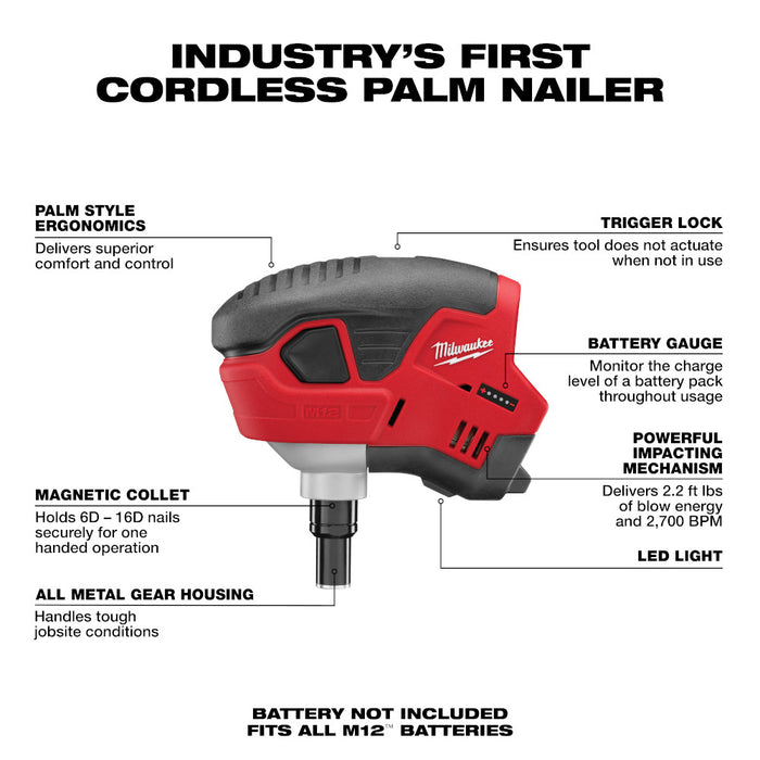 Milwaukee M12 Cordless Palm Nailer - Tool Only