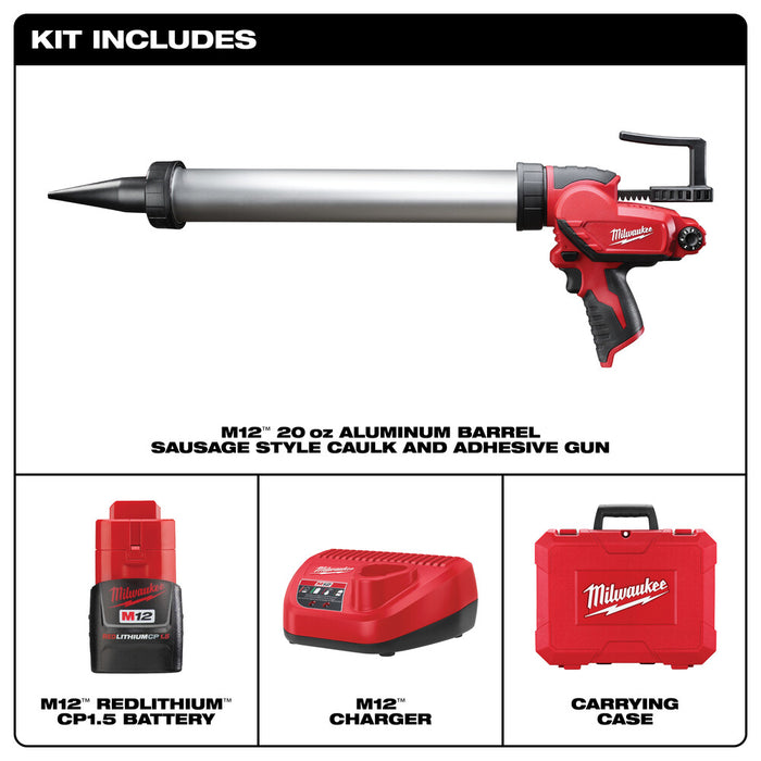 Milwaukee M12 20 oz. Aluminum Barrel Sausage Caulk Gun Kit
