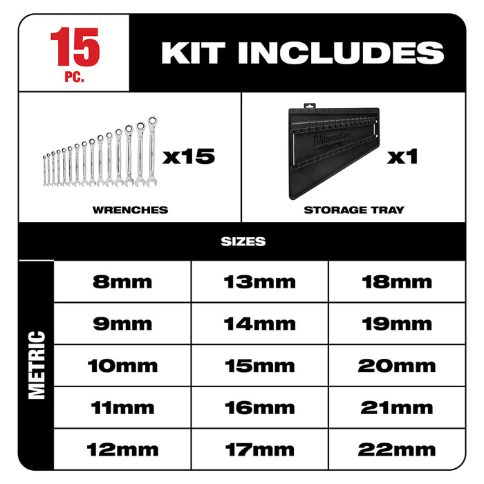 Milwaukee 15 pc. Ratcheting Combination Wrench Set - Metric