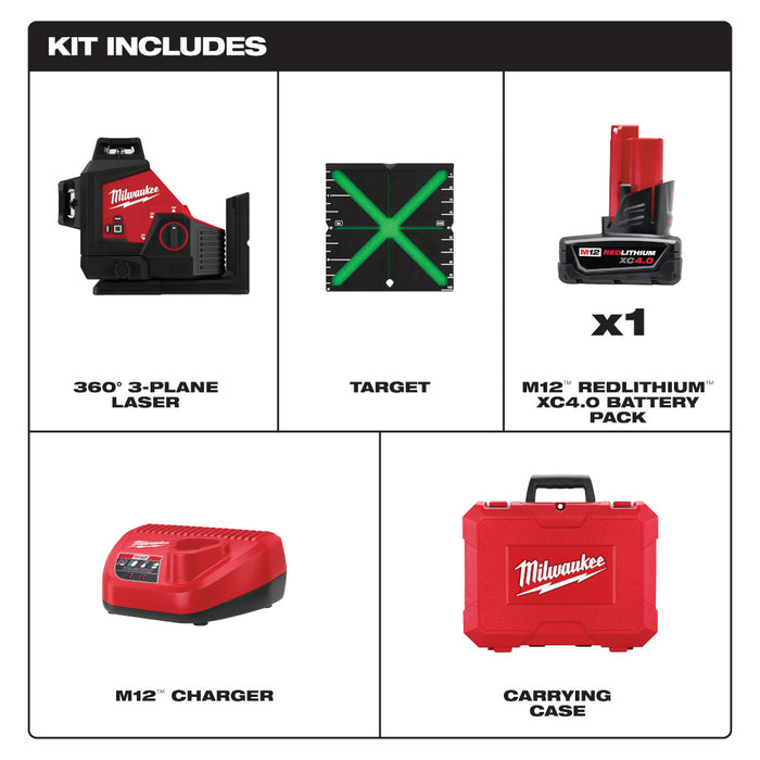 Milwaukee M12 Cordless Green 360-Degree 3-Plane Laser Kit