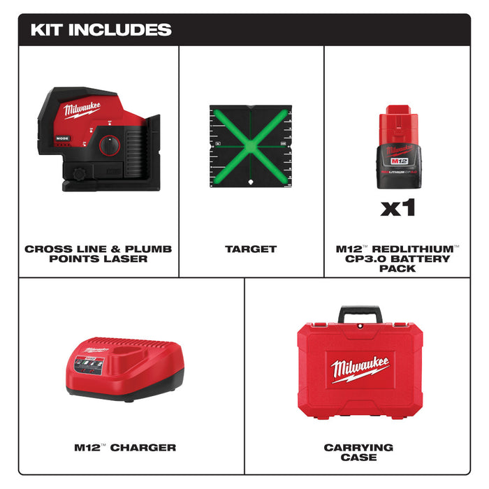 Milwaukee M12™ Green Cross Line & Plumb Points Laser Kit