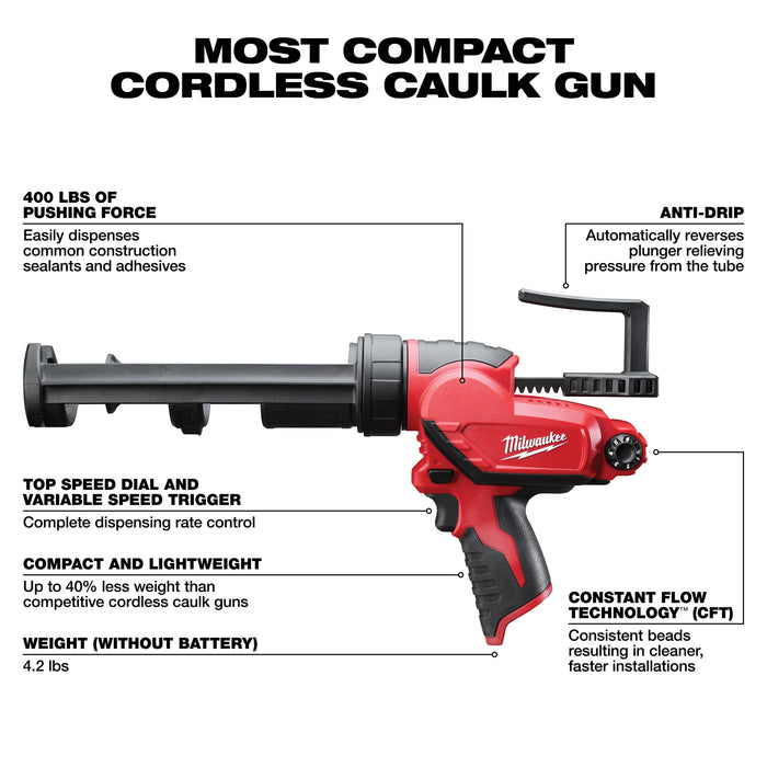 Milwaukee M12 Cordless 10 oz Caulk Gun-- Tool Only