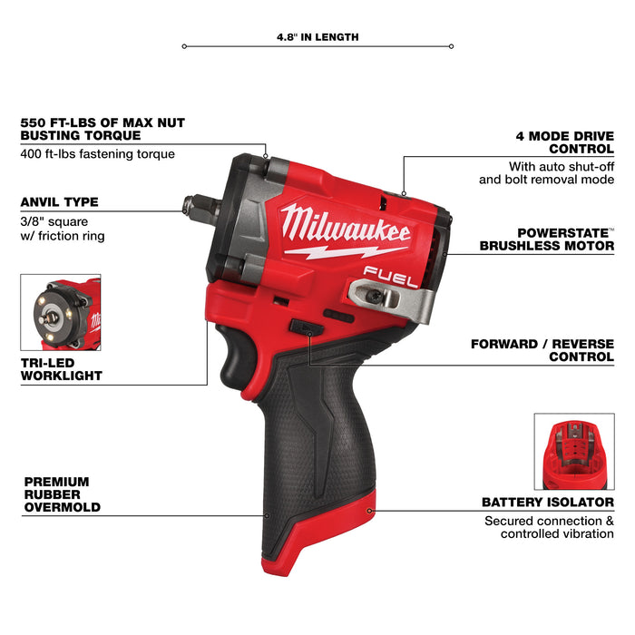 Milwaukee M12 FUEL™ Stubby 3/8" Impact Wrench - Tool Only