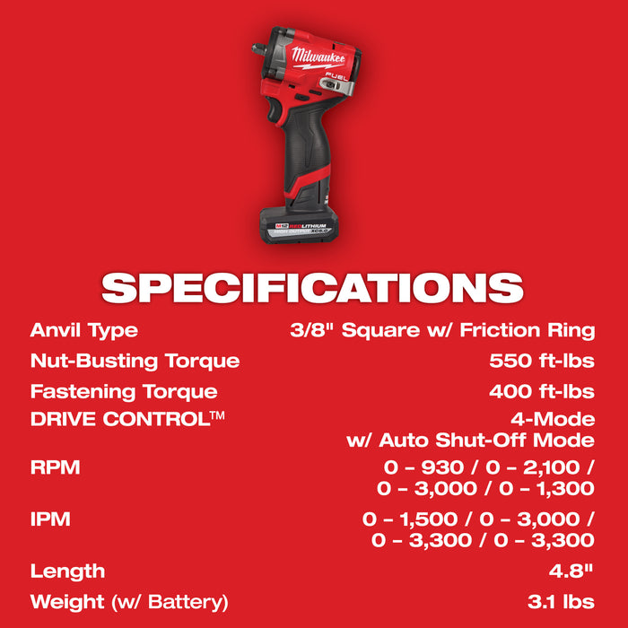 Milwaukee M12 FUEL™ Stubby 3/8" Impact Wrench 2 Battery Kit