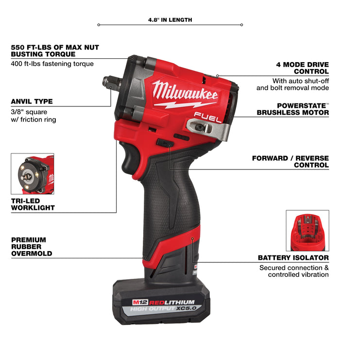 Milwaukee M12 FUEL™ Stubby 3/8" Impact Wrench 2 Battery Kit