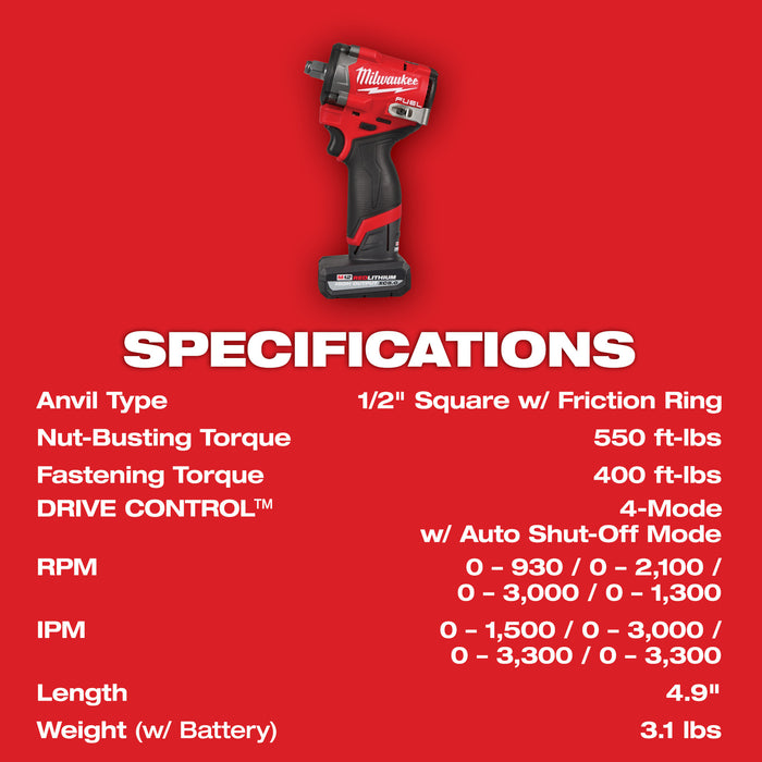 Milwaukee M12 FUEL™ Stubby 1/2" Impact Wrench Kit