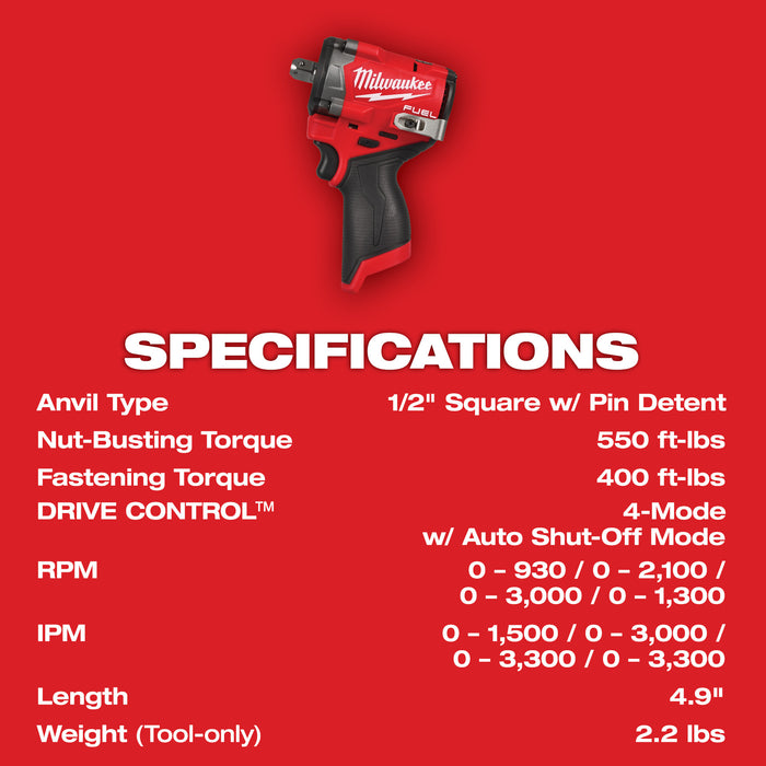 Milwaukee M12 FUEL™ Stubby 1/2" Impact Wrench w/ Pin Detent - Tool Only