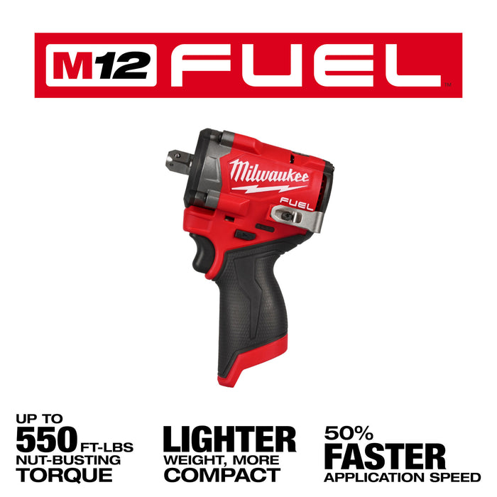 Milwaukee M12 FUEL™ Stubby 1/2" Impact Wrench w/ Pin Detent - Tool Only