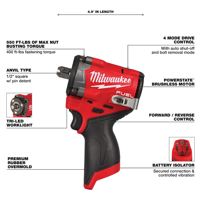 Milwaukee M12 FUEL™ Stubby 1/2" Impact Wrench w/ Pin Detent - Tool Only