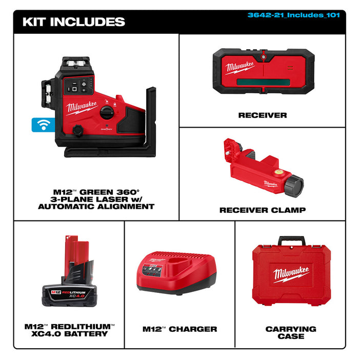 Milwaukee M12™ Green 360° 3-Plane Laser w/Automatic Alignment & Receiver