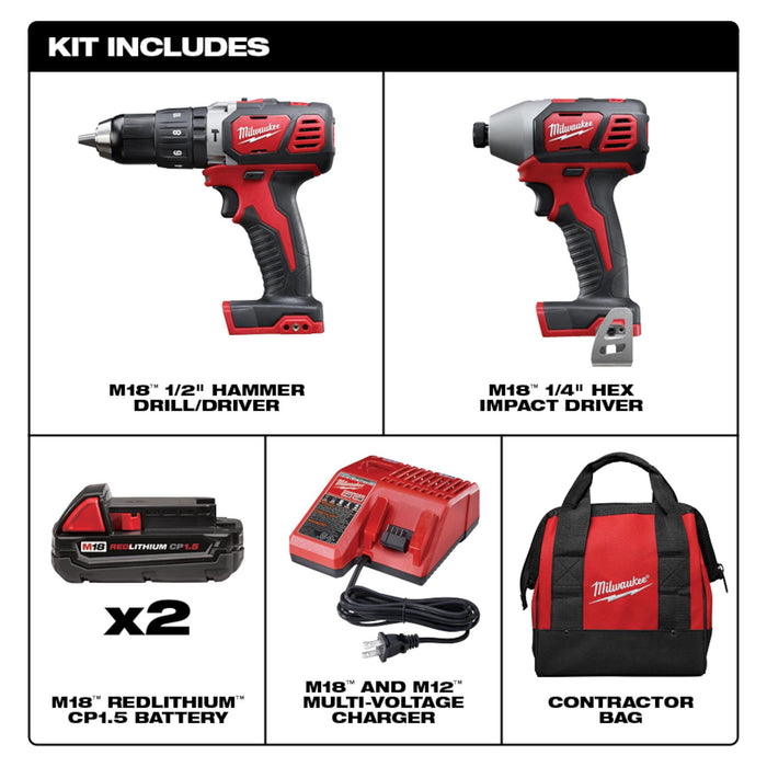 Milwaukee 2697-22CT M18 Cordless 2-Tool Combo Kit (Hammer Drill/Driver)