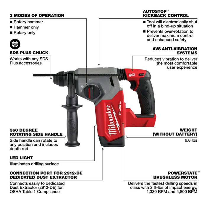 Milwaukee M18 FUEL Cordless 1" SDS Plus Rotary Hammer - Tool Only