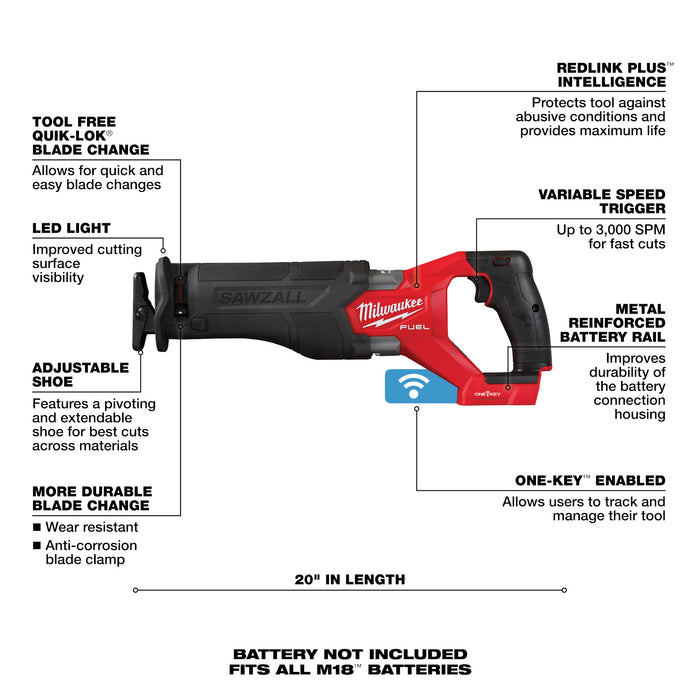 Milwaukee M18 FUEL Cordless SAWZALL Reciprocating Saw w/ ONE-KEY - Tool Only