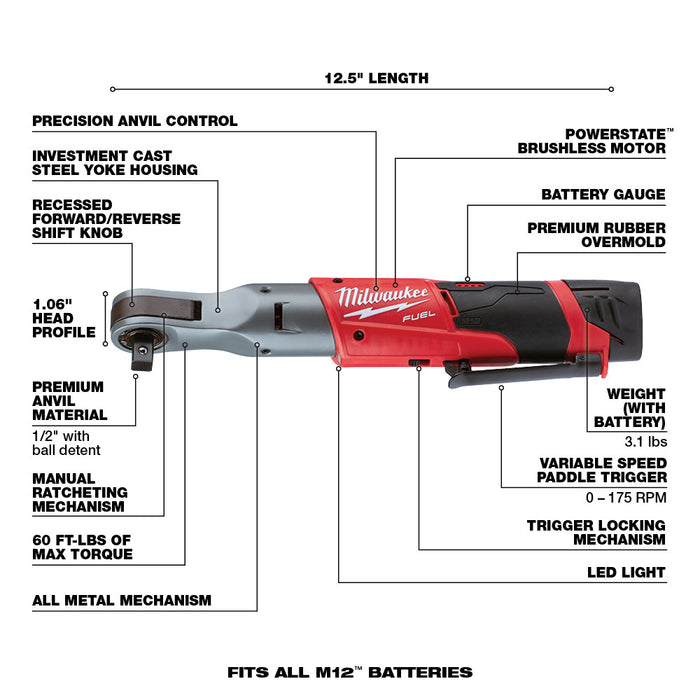 Milwaukee 2558-22 M12 FUEL™ 1/2" Ratchet 2 Battery Kit