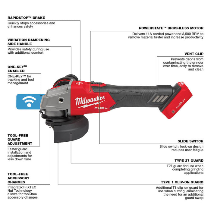 Milwaukee M18 FUEL 4-1/2"/5" Slide Switch Braking Grinder w/ ONE-KEY - Tool Only