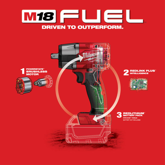 Milwaukee M18 FUEL Cordless 3/8" Mid-Torque Impact Wrench Pin Detent - Tool Only