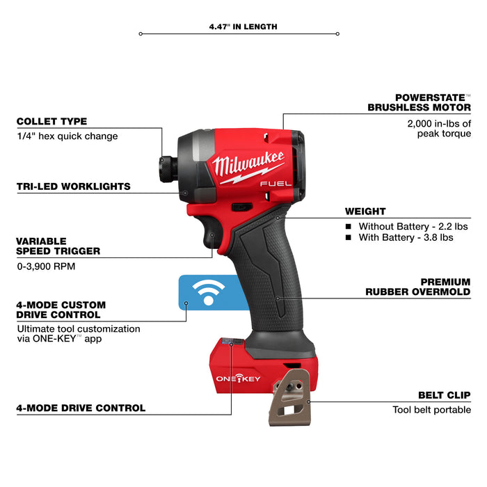 Milwaukee M18 FUEL Cordless 1/4" Hex Impact Driver w/ ONE-KEY - Tool Only