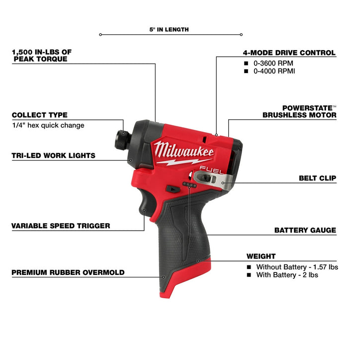 Milwaukee 3453-20 M12 FUEL Cordless 1/4" Hex Impact Driver - Tool Only