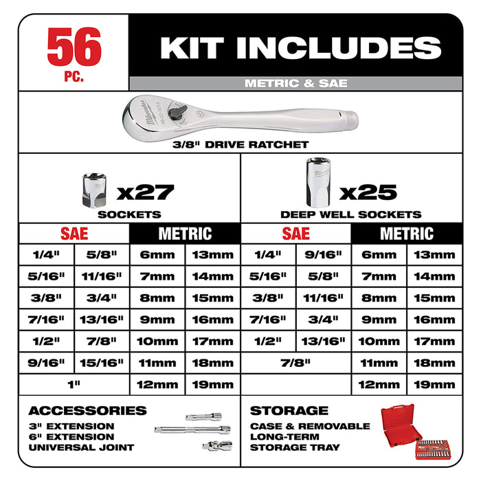 Milwaukee 3/8" Drive 56PC Ratchet & Socket Set - SAE & Metric