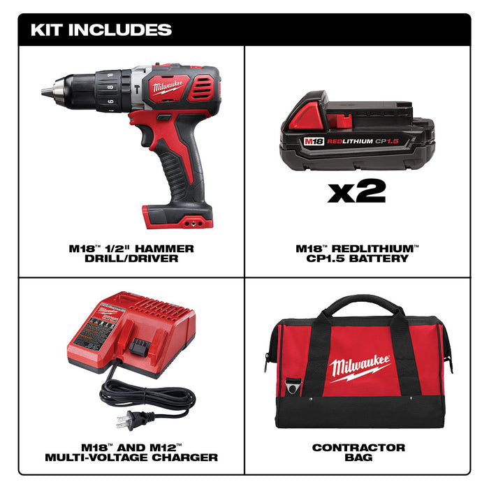 Milwaukee M18 Cordless Compact 1/2" Hammer Drill Driver Kit