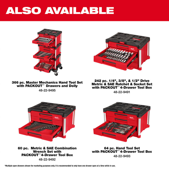 Milwaukee 242pc. 1/4”, 3/8”, & 1/2” Drive Metric & SAE Ratchet & Socket Set w/ PACKOUT 4-Drawer Tool Box