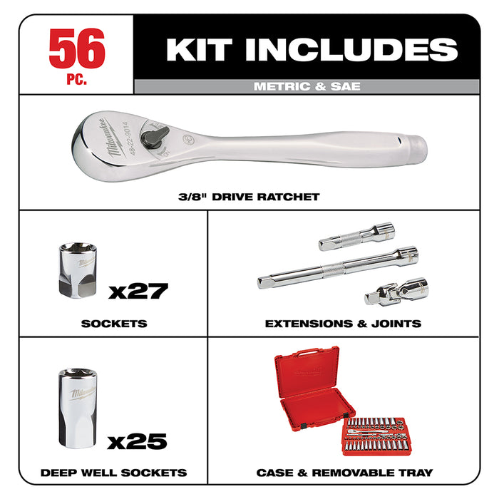 Milwaukee 3/8" Drive 56PC Ratchet & Socket Set - SAE & Metric