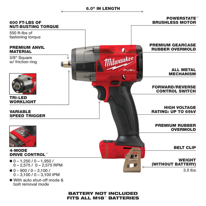 Milwaukee M18 FUEL 3/8" Mid-Torque Impact Wrench w/ Friction Ring - Tool Only