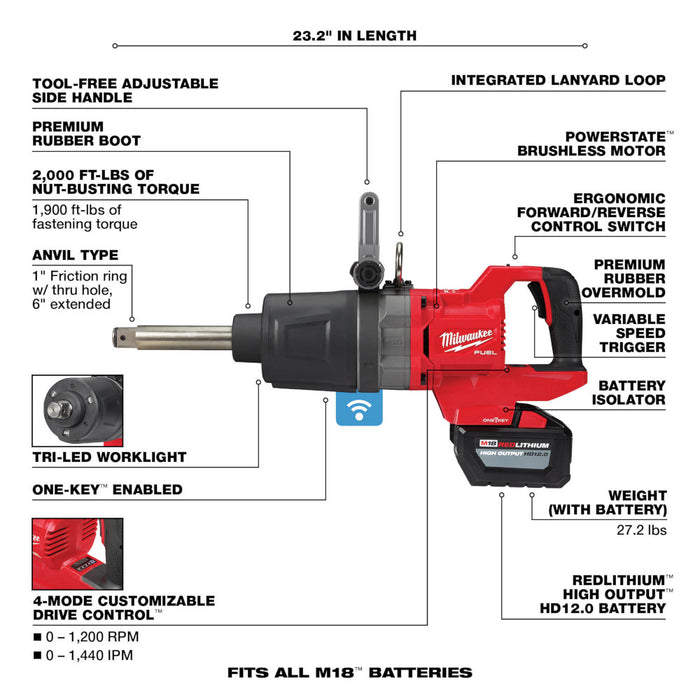 Milwaukee M18 FUEL Cordless 1" D-Handle Ext Anvil High Torque Impact Wrench w/ ONE-KEY Kit