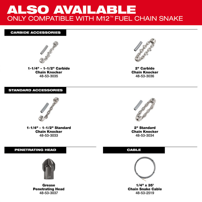 Milwaukee M12 FUEL High Speed Chain Snake For 1-1/4"-2" Pipes