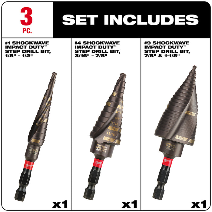 Milwaukee SHOCKWAVE Impact Duty Step Bit Electrician Set (#1, #4, #9)