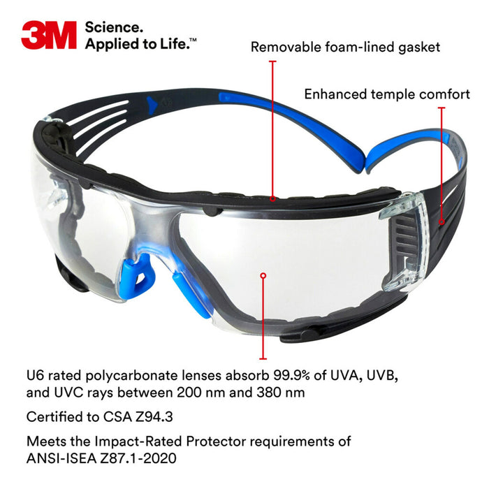 3M™ SecureFit™ Protective Safety Glasses w/ Clear Anit-Fog Lens & Removable Gasket