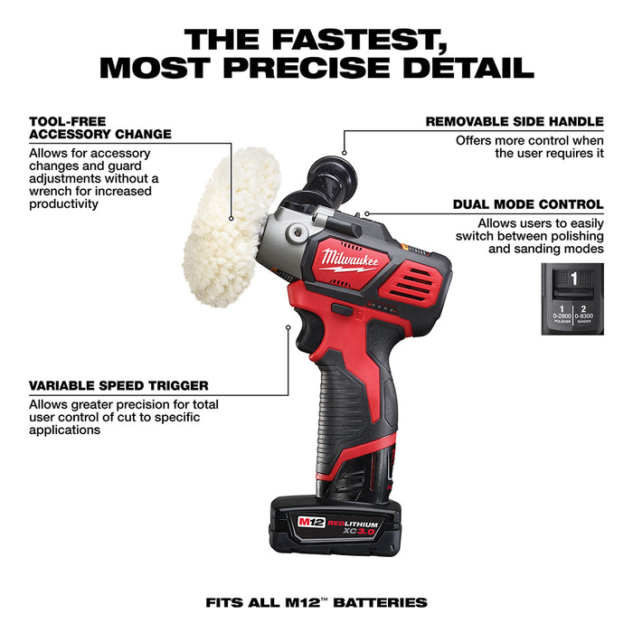 Milwaukee M12 Cordless Cordless Variable Speed Polisher/Sander XC/Compact Battery Kit