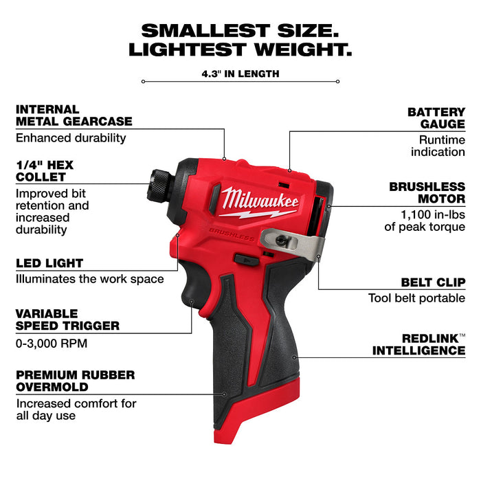 Milwaukee M12 Subcompact Brushless 1/4" Hex Impact Driver - Tool Only